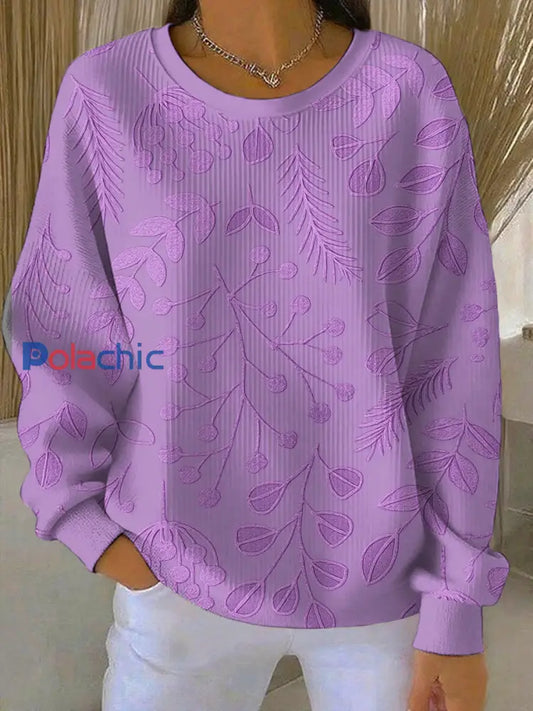 Sweat-shirt décontracté à col rond côtelé à fleurs violettes pour femmes comme image / S