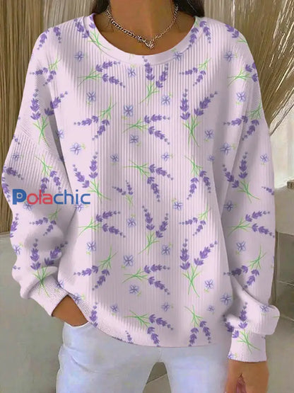 Sweat-shirt décontracté à col rond côtelé à fleurs violettes pour femmes Lavande / S