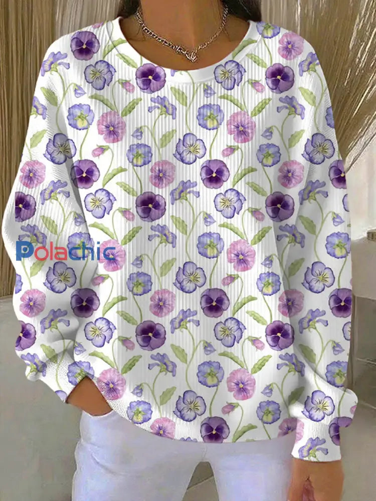 Sweat-shirt décontracté à col rond côtelé à texture florale violette pour femme Blanc / S