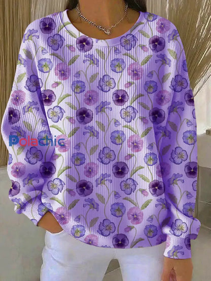 Sweat-shirt décontracté à col rond côtelé à texture florale violette pour femme Violet / S