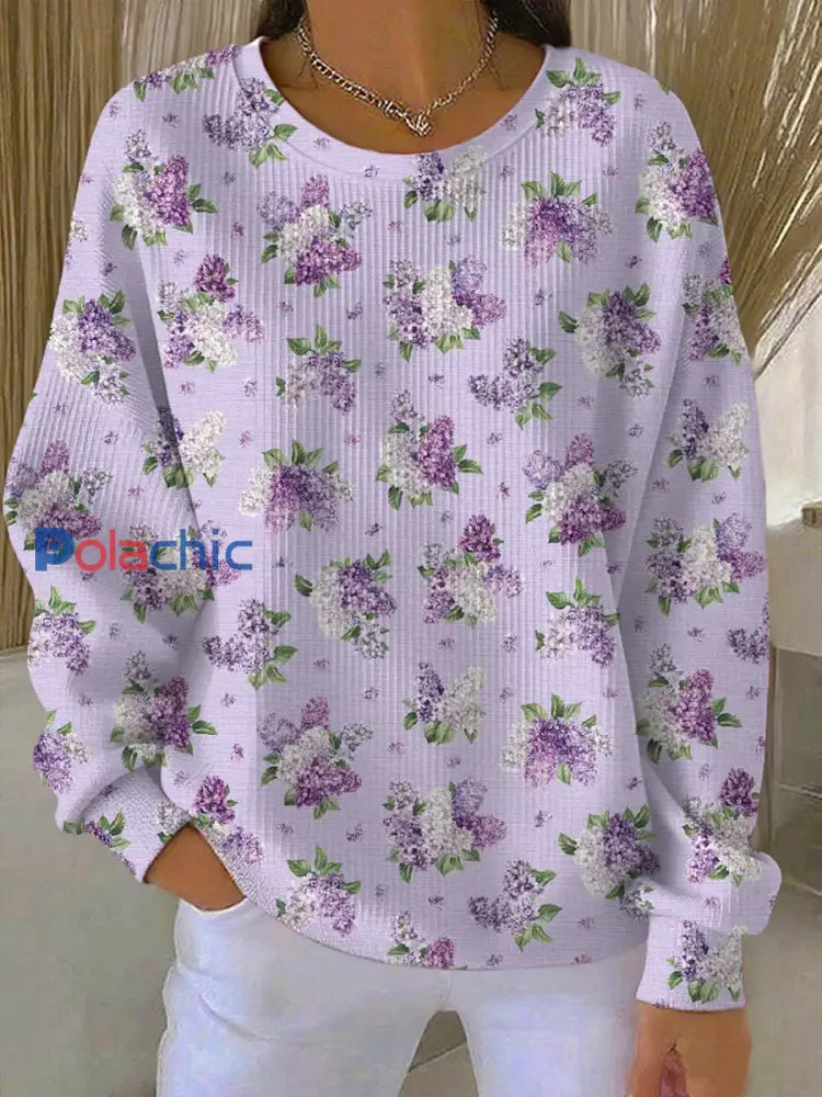Sweat-shirt décontracté à col rond côtelé à texture florale violette pour femme Violet / S