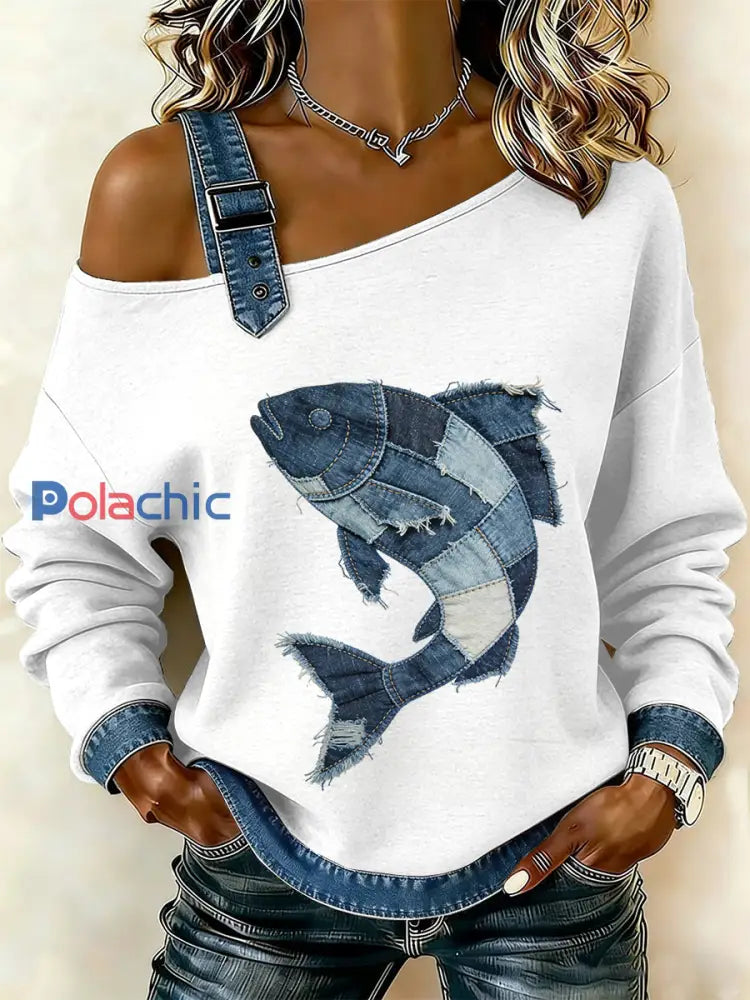 Sweat-shirt décontracté à épaules dénudées avec imprimé patchwork de poissons vintage pour femmes comme image / S