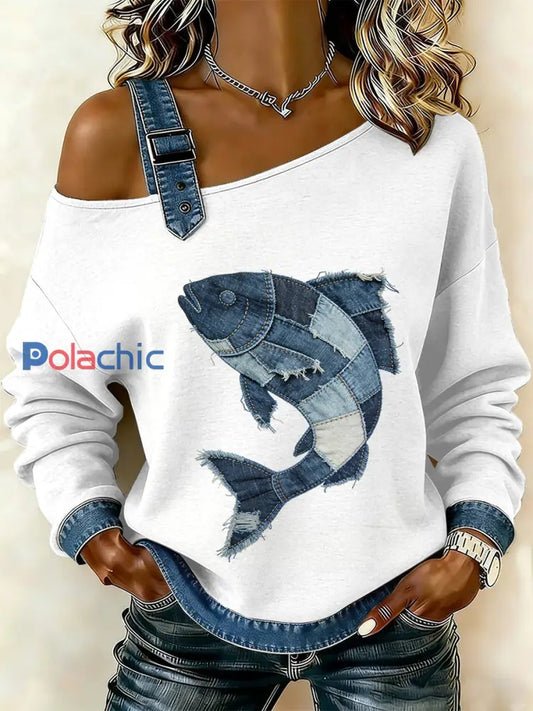Sweat-shirt décontracté à épaules dénudées avec imprimé patchwork de poissons vintage pour femmes comme image / S