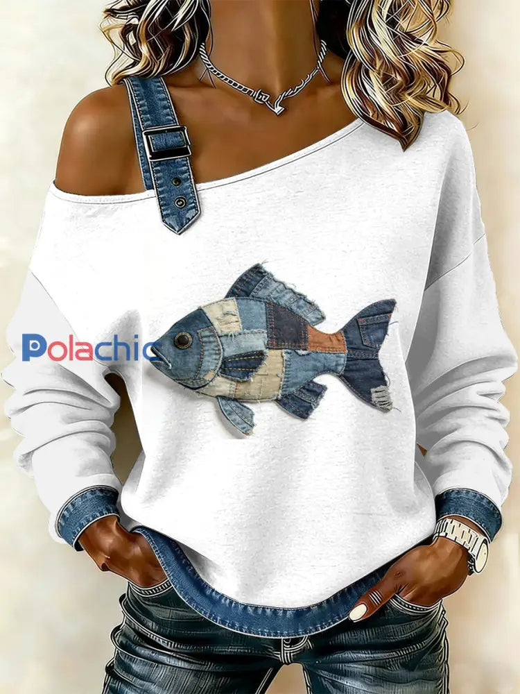 Sweat-shirt décontracté à épaules dénudées avec imprimé patchwork de poissons vintage pour femmes comme image / S