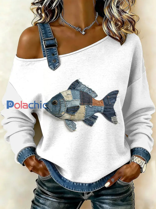Sweat-shirt décontracté à épaules dénudées avec imprimé patchwork de poissons vintage pour femmes comme image / S