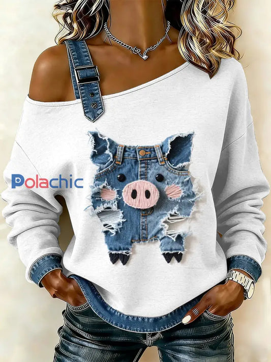 Sweat-shirt décontracté à épaules dénudées avec imprimé patchwork de porc vintage pour femmes comme image / S
