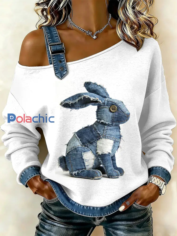 Sweat-shirt décontracté à épaules dénudées avec imprimé patchwork lapin vintage pour femmes comme image / S