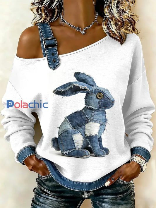 Sweat-shirt décontracté à épaules dénudées avec imprimé patchwork lapin vintage pour femmes comme image / S