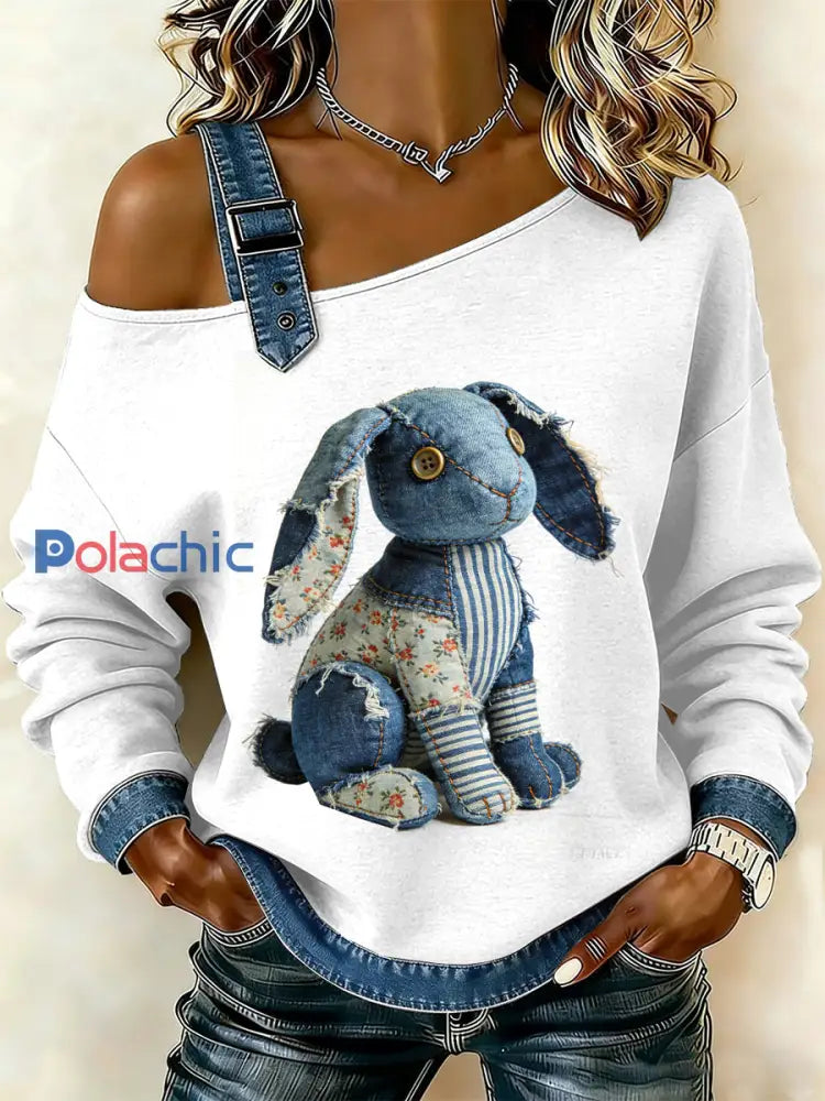 Sweat-shirt décontracté à épaules dénudées avec imprimé patchwork lapin vintage pour femmes comme image / S