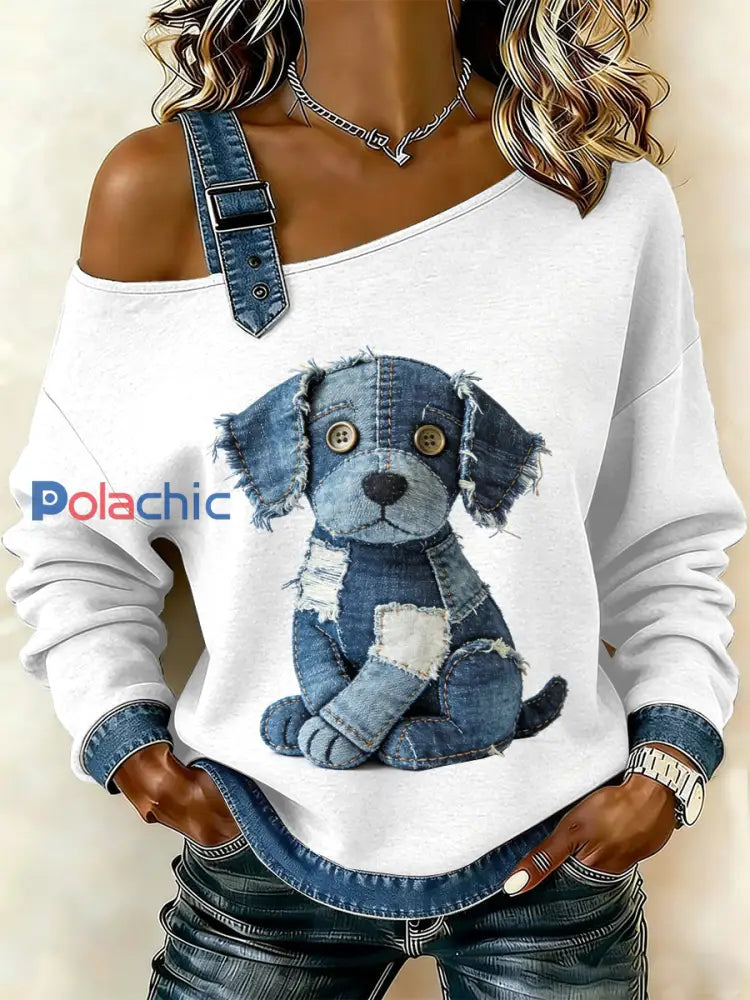 Sweat-shirt décontracté à épaules dénudées avec imprimé patchwork vintage pour femmes comme image / S