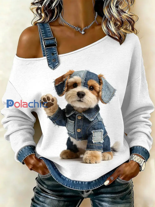 Sweat-shirt décontracté à épaules dénudées avec imprimé patchwork vintage pour femmes comme image / S