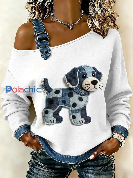 Sweat-shirt décontracté à épaules dénudées avec imprimé patchwork vintage pour femmes comme image / S