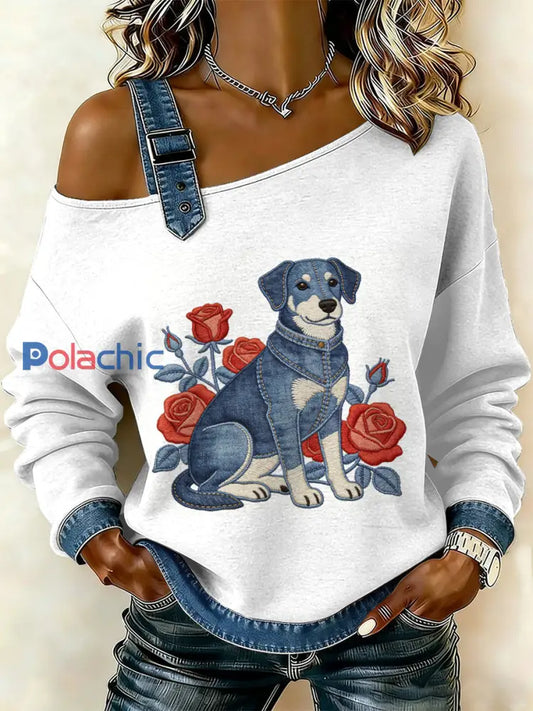 Sweat-shirt décontracté à épaules dénudées avec imprimé patchwork vintage pour femmes comme image / S