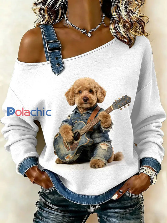 Sweat-shirt décontracté à épaules dénudées avec imprimé patchwork vintage pour femmes comme image / S