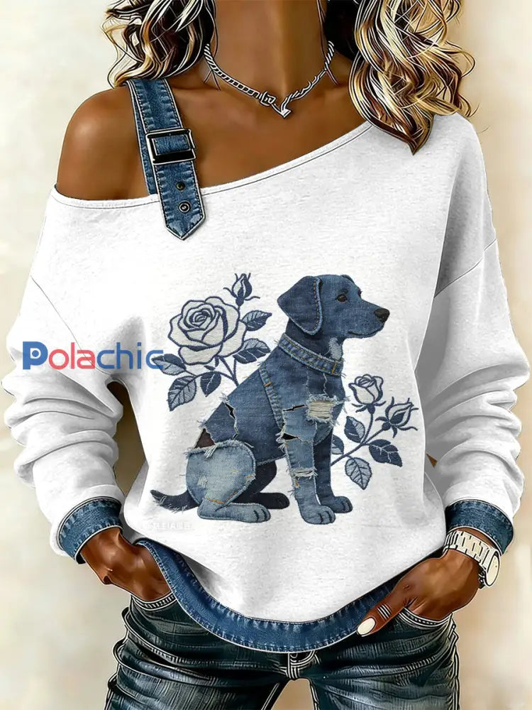 Sweat-shirt décontracté à épaules dénudées avec imprimé patchwork vintage pour femmes comme image / S