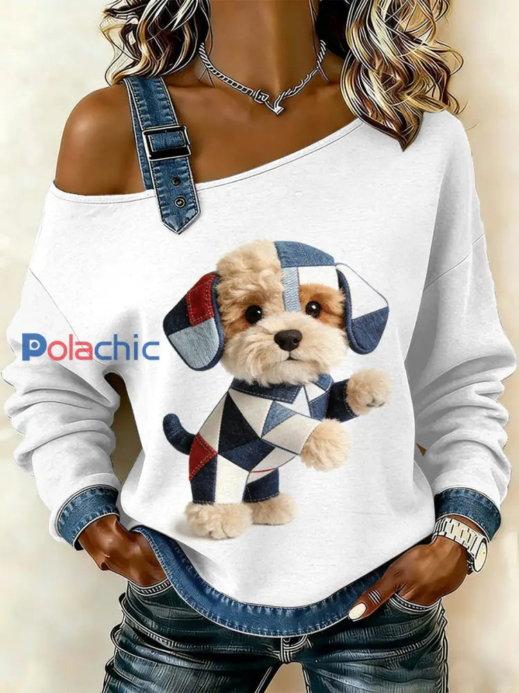 Sweat-shirt décontracté à épaules dénudées avec imprimé patchwork vintage pour femmes comme image / S