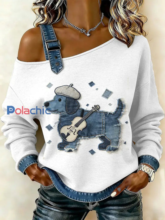 Sweat-shirt décontracté à épaules dénudées avec imprimé patchwork vintage pour femmes comme image / S