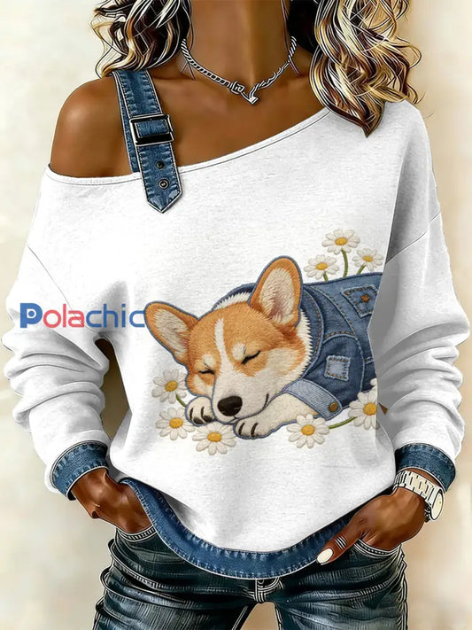 Sweat-shirt décontracté à épaules dénudées avec imprimé patchwork vintage pour femmes comme image / S
