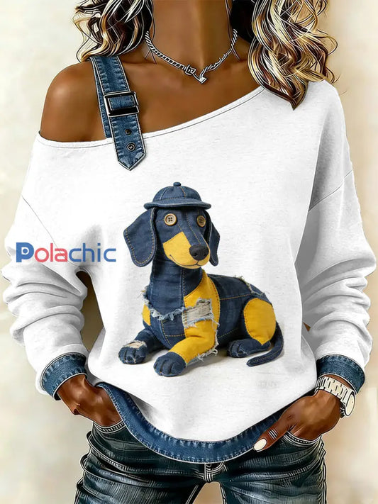 Sweat-shirt décontracté à épaules dénudées avec imprimé patchwork vintage pour femmes comme image / S