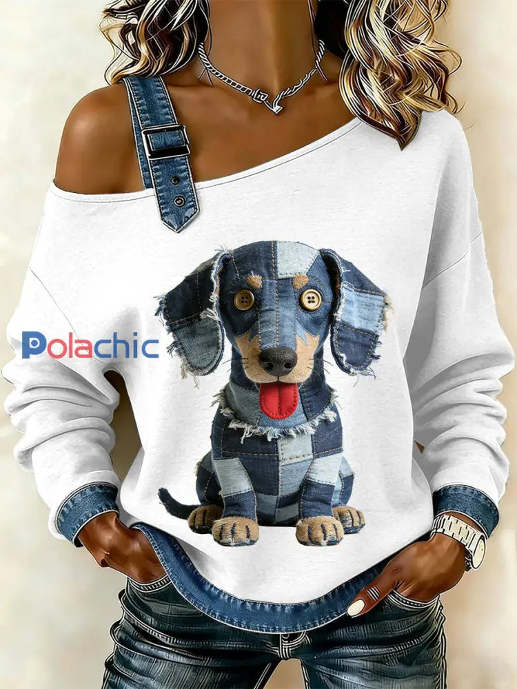 Sweat-shirt décontracté à épaules dénudées avec imprimé patchwork vintage pour femmes comme image / S
