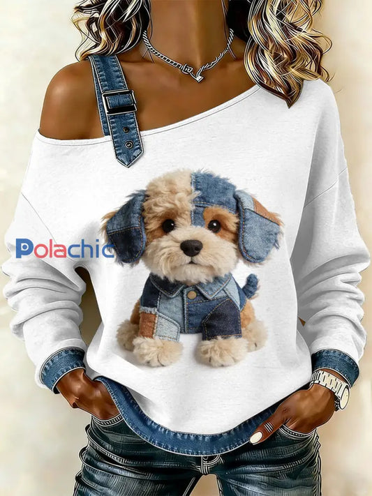 Sweat-shirt décontracté à épaules dénudées avec imprimé patchwork vintage pour femmes comme image / S
