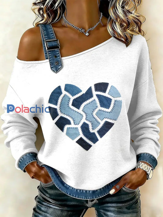 Sweat-shirt décontracté à épaules dénudées à imprimé floral vintage pour femmes comme image / S