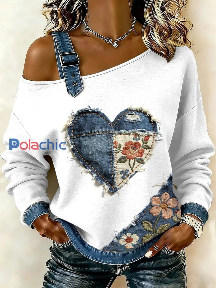 Sweat-shirt décontracté à épaules dénudées à imprimé floral vintage pour femmes comme image / S