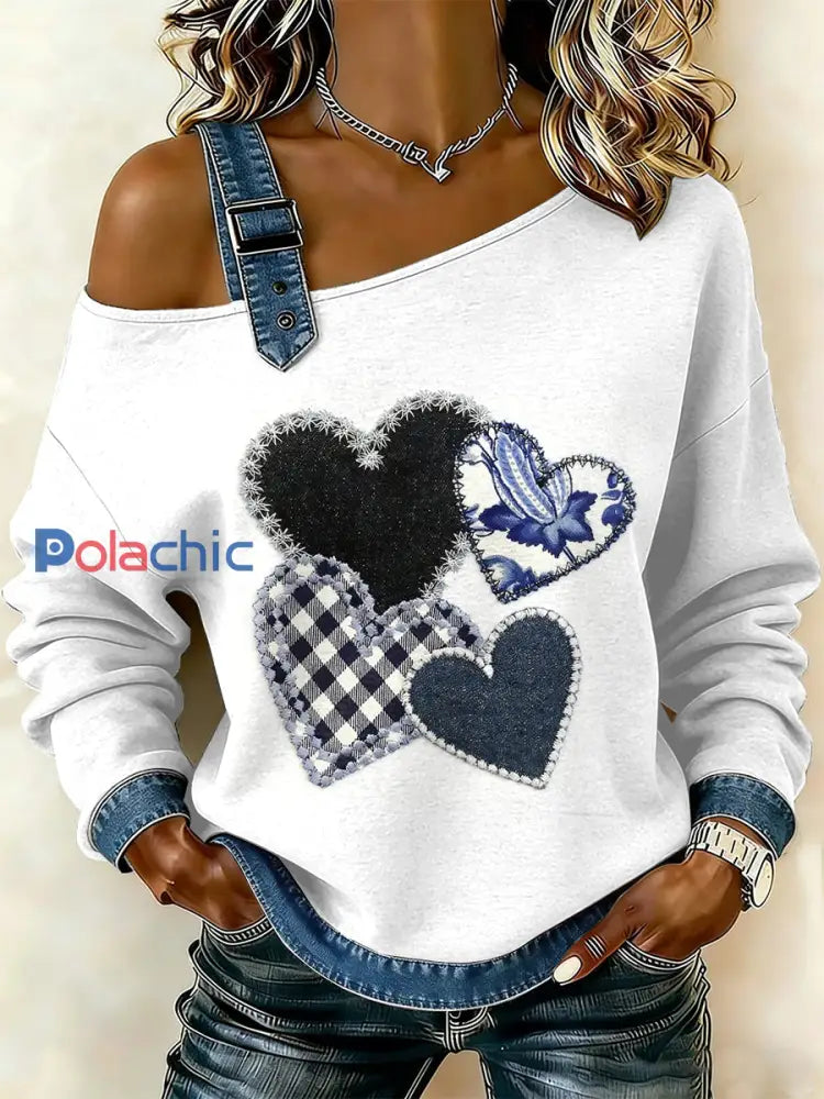 Sweat-shirt décontracté à épaules dénudées à imprimé floral vintage pour femmes comme image / S