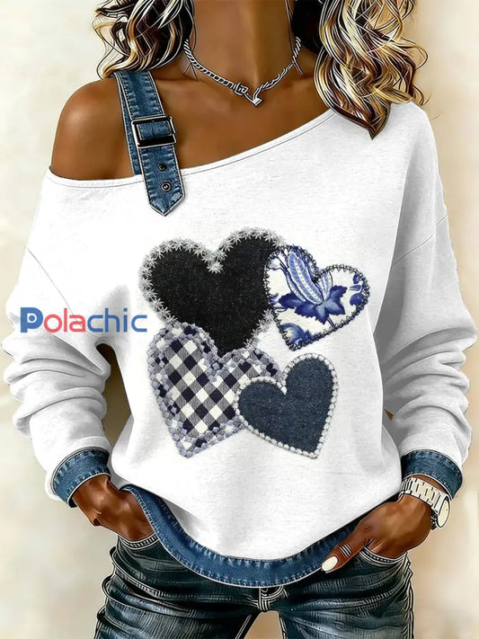 Sweat-shirt décontracté à épaules dénudées à imprimé floral vintage pour femmes comme image / S