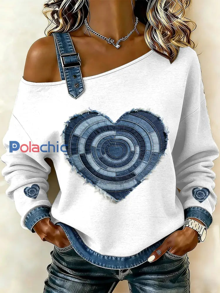 Sweat-shirt décontracté à épaules dénudées à imprimé floral vintage pour femmes comme image / S