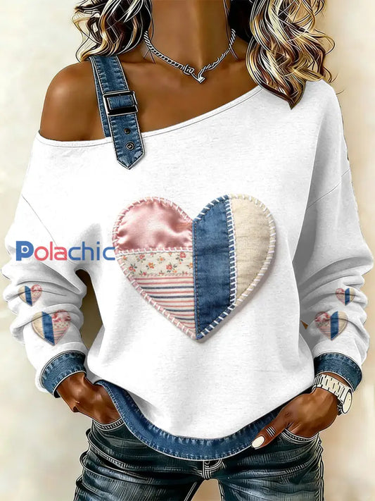 Sweat-shirt décontracté à épaules dénudées à imprimé floral vintage pour femmes comme image / S
