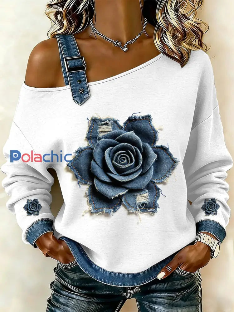 Sweat-shirt décontracté à épaules dénudées à imprimé floral vintage pour femmes comme image / S