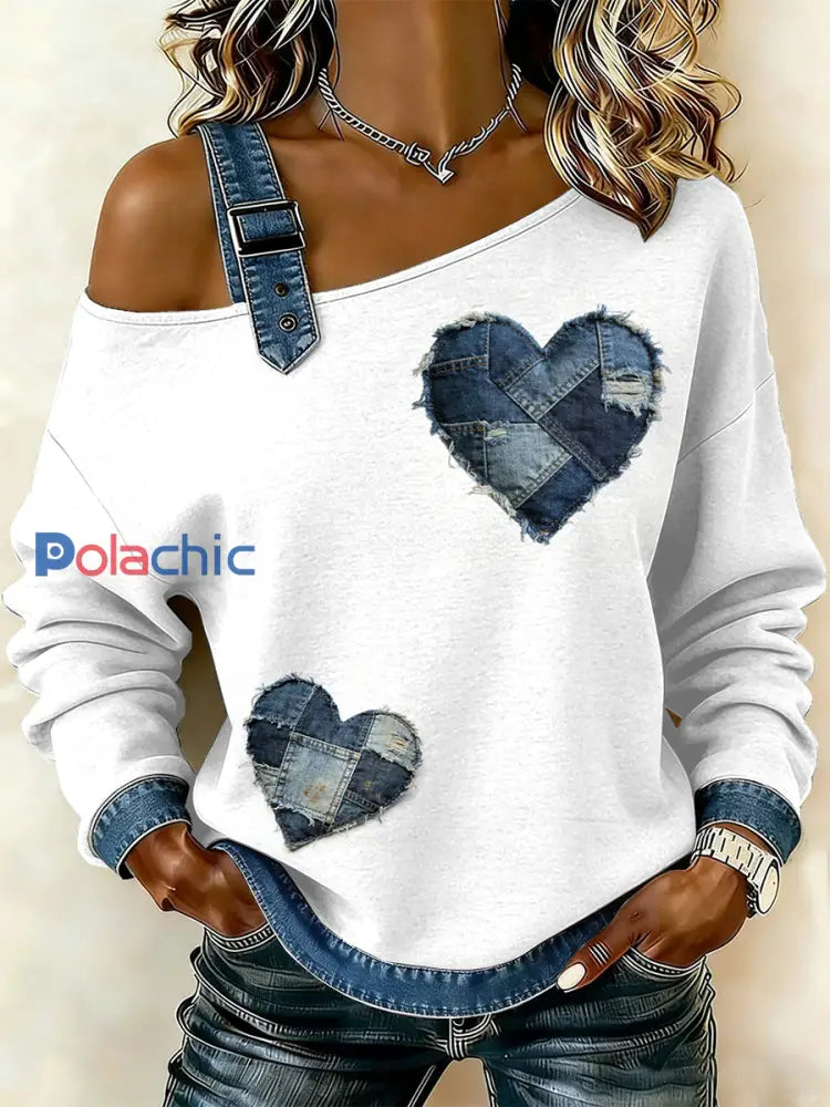 Sweat-shirt décontracté à épaules dénudées à imprimé floral vintage pour femmes comme image / S