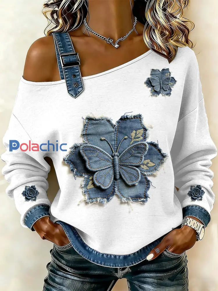 Sweat-shirt décontracté à épaules dénudées à imprimé floral vintage pour femmes comme image / S