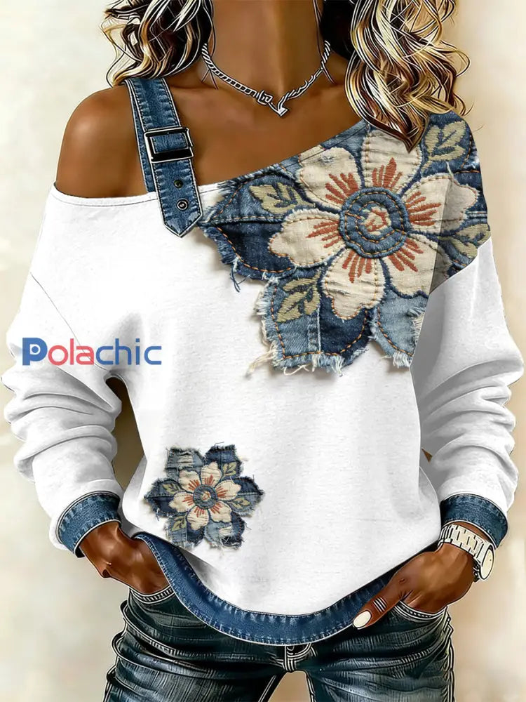 Sweat-shirt décontracté à épaules dénudées à imprimé floral vintage pour femmes comme image / S