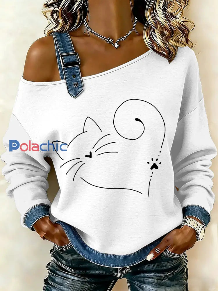 Sweat-shirt décontracté à épaules dénudées imprimé patchwork de chat simple pour femmes comme image / S