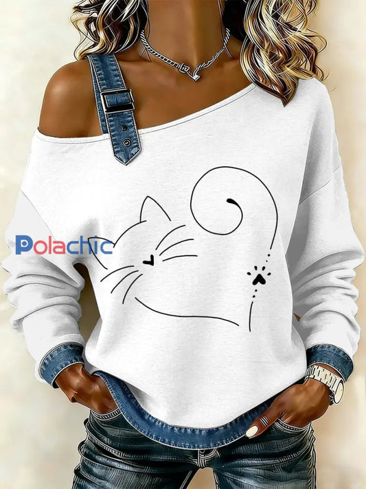 Sweat-shirt décontracté à épaules dénudées imprimé patchwork de chat simple pour femmes comme image / S