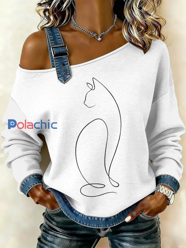Sweat-shirt décontracté à épaules dénudées imprimé patchwork de chat simple pour femmes comme image / S