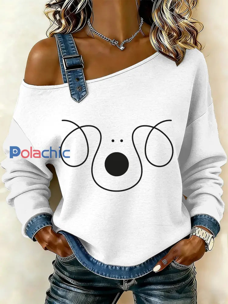 Sweat-shirt décontracté à épaules dénudées imprimé patchwork de chien simple vintage pour femmes comme image / S