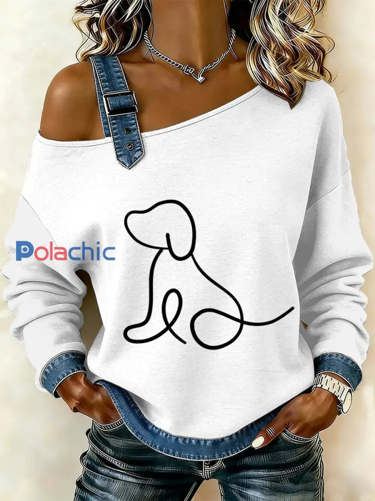 Sweat-shirt décontracté à épaules dénudées imprimé patchwork de chien simple vintage pour femmes comme image / S