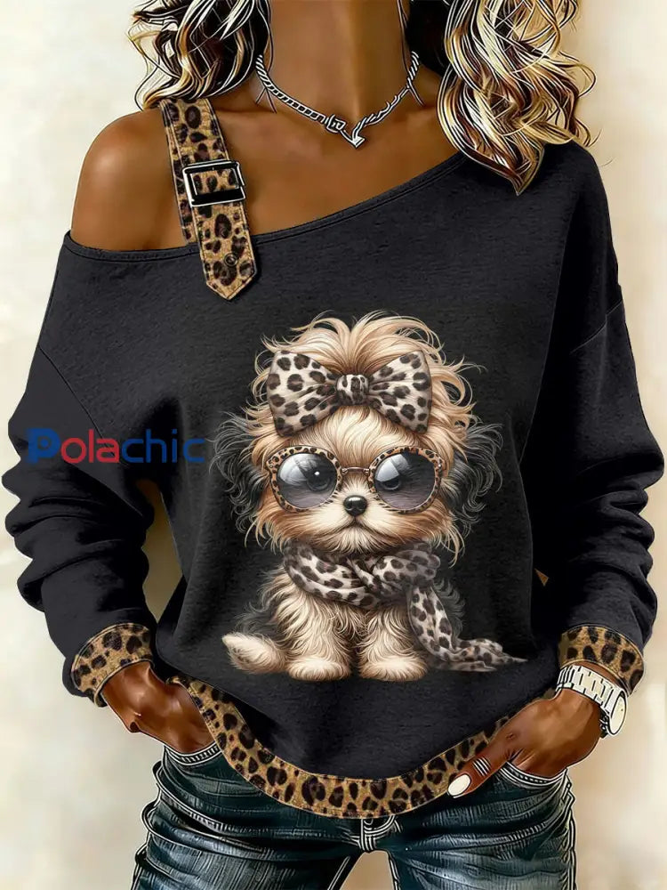 Sweat-shirt décontracté à épaules dénudées pour femmes rétro en patchwork avec imprimé chien comme image / S