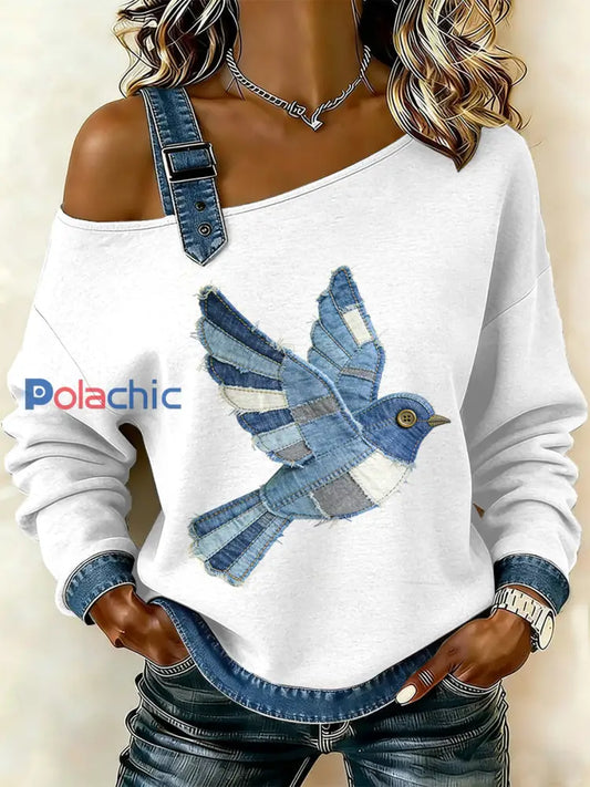 Sweat-shirt décontracté à épaules dénudées pour femmes Vintage Bird Patchwork Print comme image / S