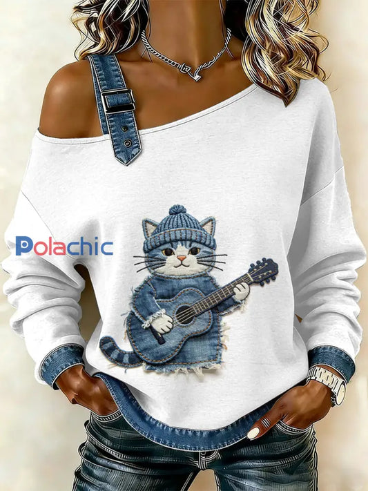 Sweat-shirt décontracté à épaules dénudées pour femmes Vintage Cat Patchwork comme image / S