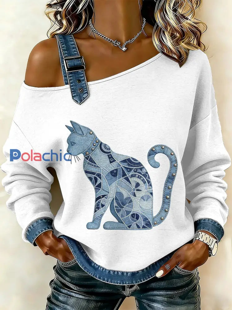 Sweat-shirt décontracté à épaules dénudées pour femmes Vintage Cat Patchwork comme image / S
