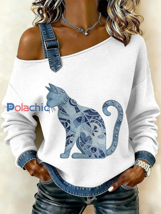 Sweat-shirt décontracté à épaules dénudées pour femmes Vintage Cat Patchwork comme image / S