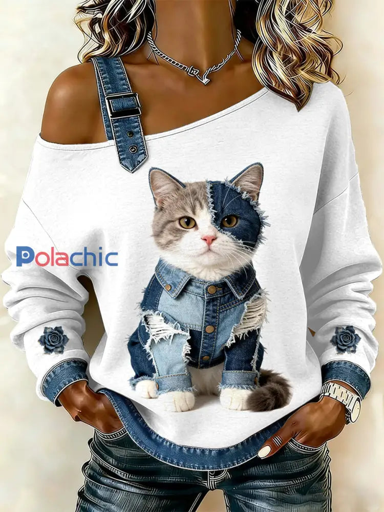 Sweat-shirt décontracté à épaules dénudées pour femmes Vintage Cat Patchwork comme image / S