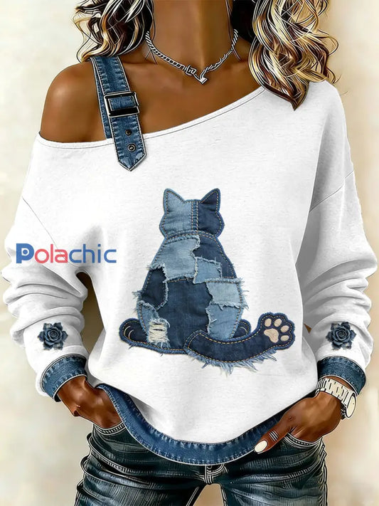Sweat-shirt décontracté à épaules dénudées pour femmes Vintage Cat Patchwork comme image / S