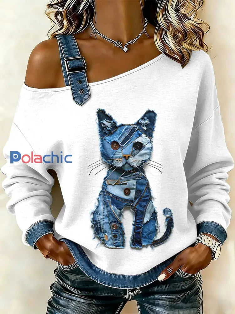 Sweat-shirt décontracté à épaules dénudées pour femmes Vintage Cat Patchwork comme image / S