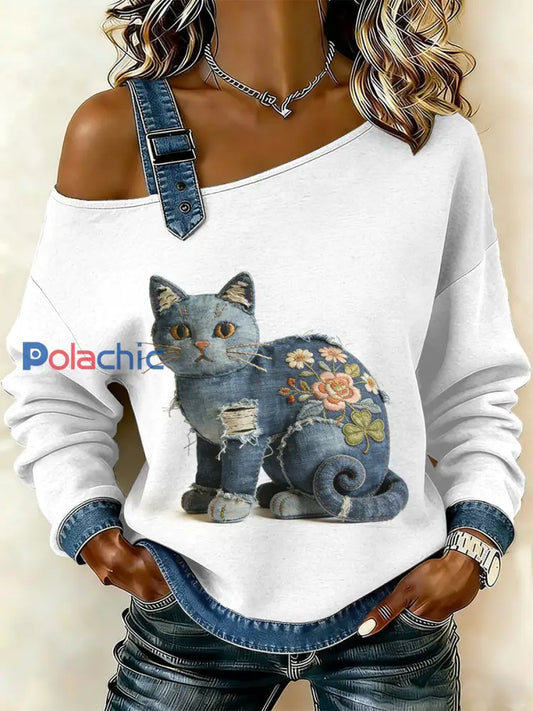 Sweat-shirt décontracté à épaules dénudées pour femmes Vintage Cat Patchwork comme image / S