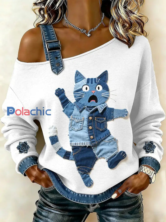Sweat-shirt décontracté à épaules dénudées pour femmes Vintage Cat Patchwork comme image / S